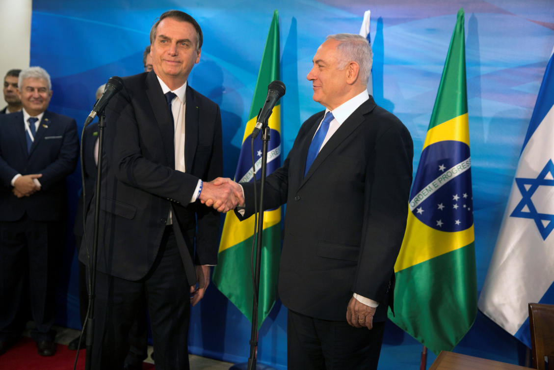 Israel’s Prime Minister Benjamin Netanyahu and Brazilian President Jair Bolsonaro meet at Netanyahu’s office in Jerusalem, March 31, 2019. (Reuters)