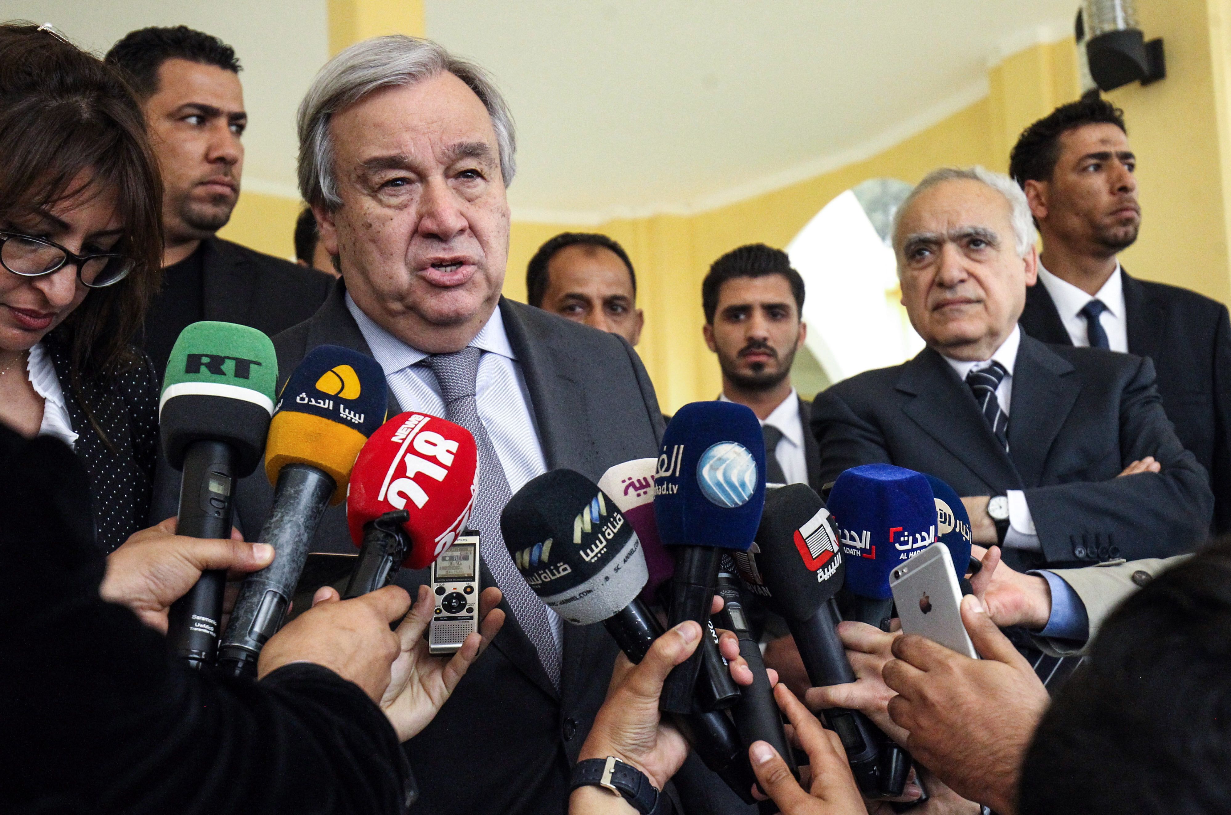 United Nations Secretary-General Antonio Guterres with Ghassan Salame, UN special envoy for Libya in Benghazi on April 5, 2019. (AFP)