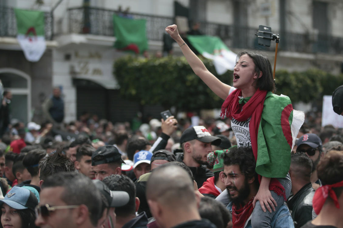 A protester chants slogans during a demonstration against the country's leadership, in Algiers, Friday, April 12, 2019. (AP)
