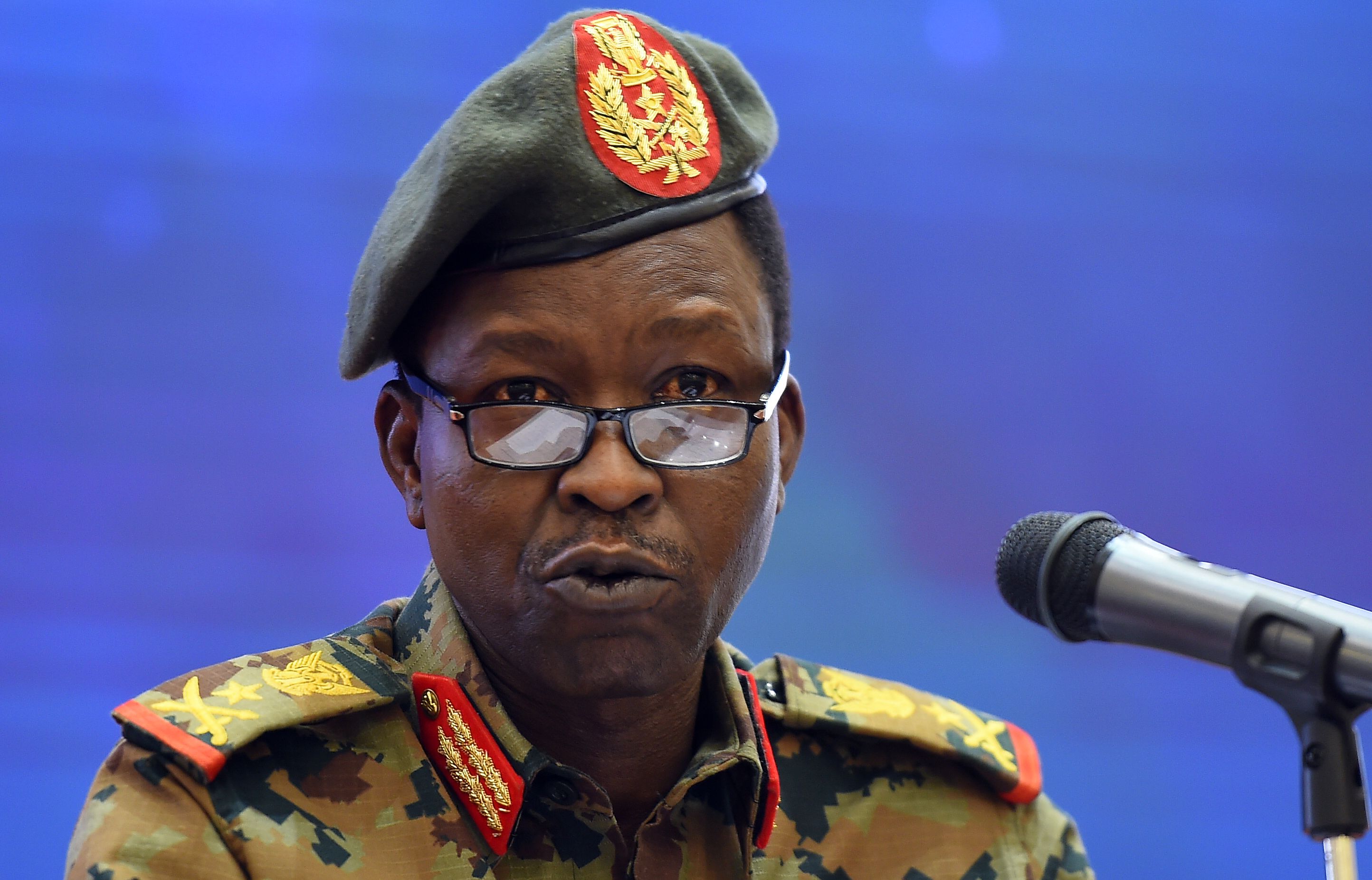 Spokesman of the Sudan's Transitional Military Council Lt Gen Shamseddine Kabbashi speaks during a press conference in Khartoum on Tuesday. (AFP)
