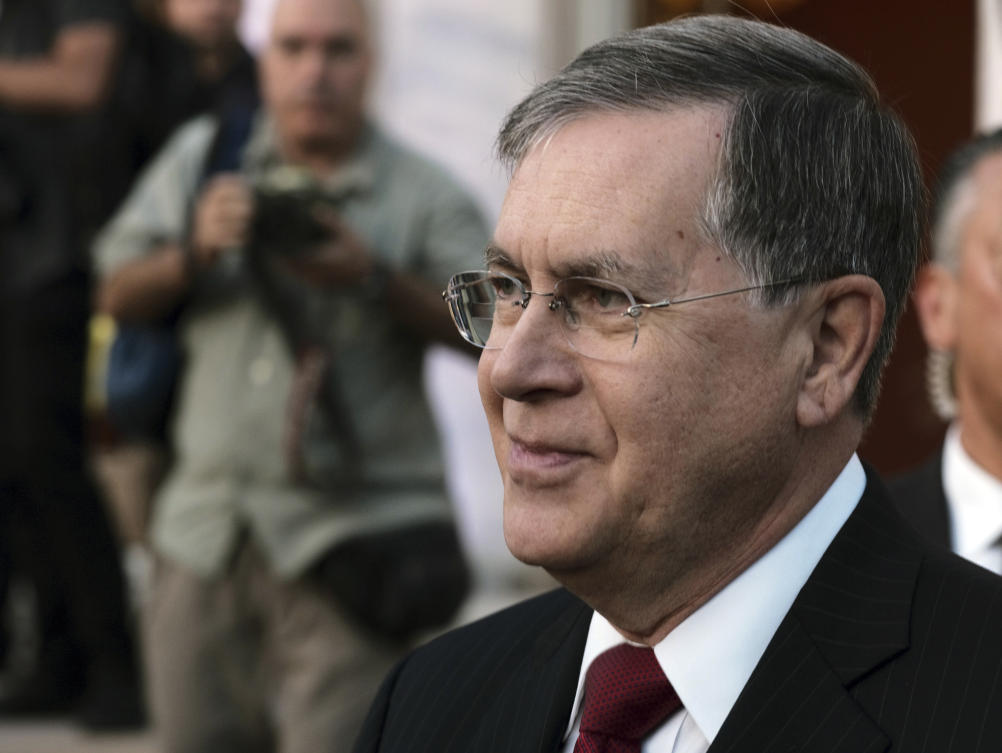 In this photo taken on Friday, July 12, 2019, David M. Satterfield, the new U. S. Ambassador to Turkey, speaks with France's Ambassador Charles Fries during a reception marking the upcoming Bastille Day anniversary at the French embassy, in Ankara, Turkey. (AP)