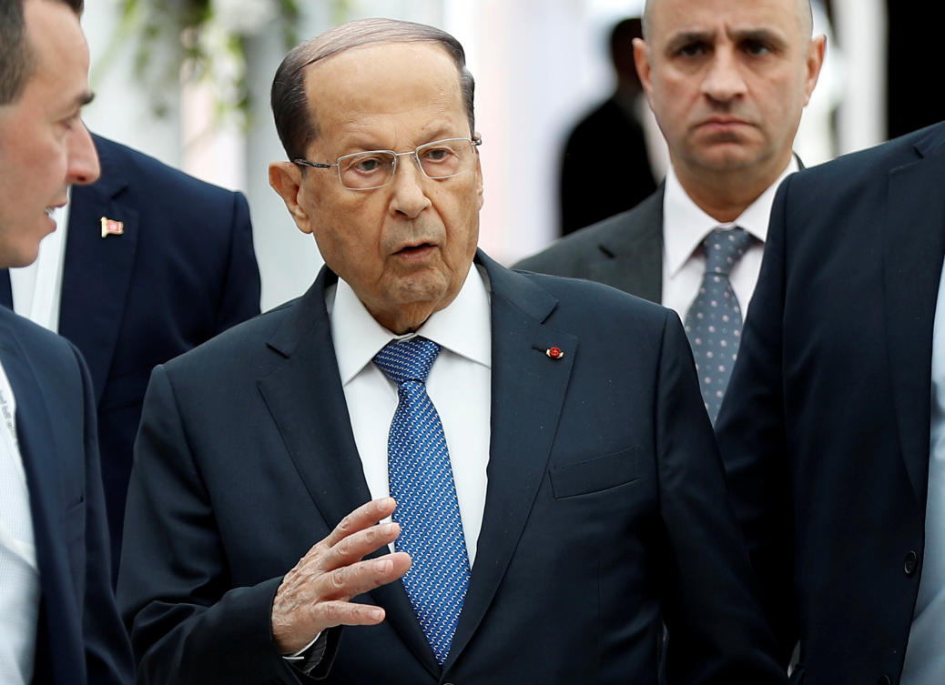 Lebanese President Michel Aoun, gestures upon his arrival at Tunis-Carthage International Airport to attend the Arab Summit, in Tunis, Tunisia March 30, 2019. (Reuters)