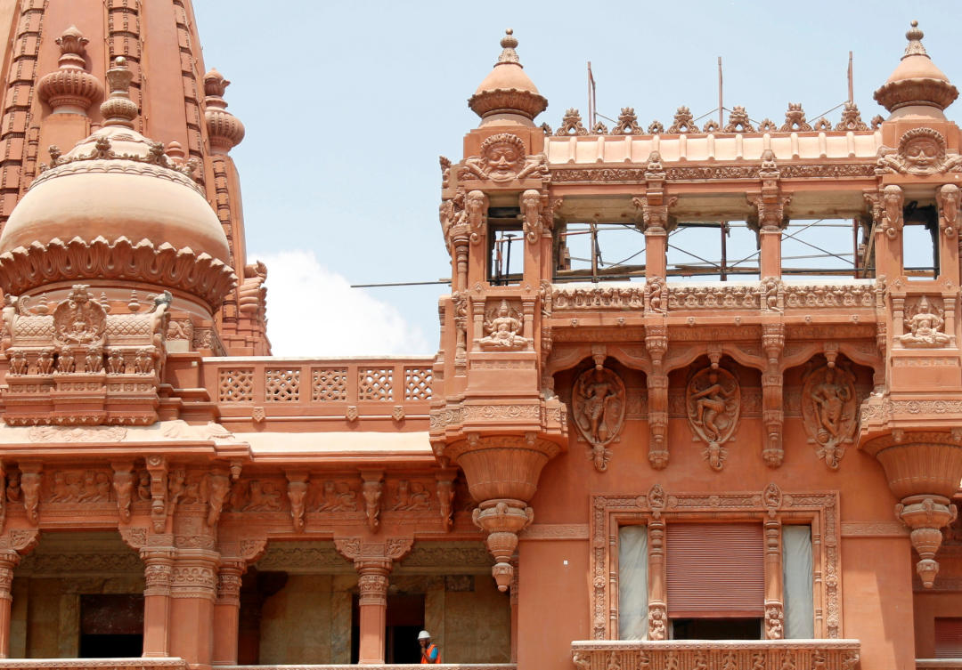 An Egyptian worker is seen during the restoration work inside the Baron Empain Palace,