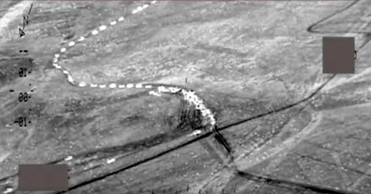 This file image made from undated video released by Iraq's Ministry of Defense on Saturday, July 2, 2016, shows aerial images of purported air strikes on a Daesh group convoy and militants, near Fallujah, Iraq. (Iraqi Ministry of Defense via AP, File)