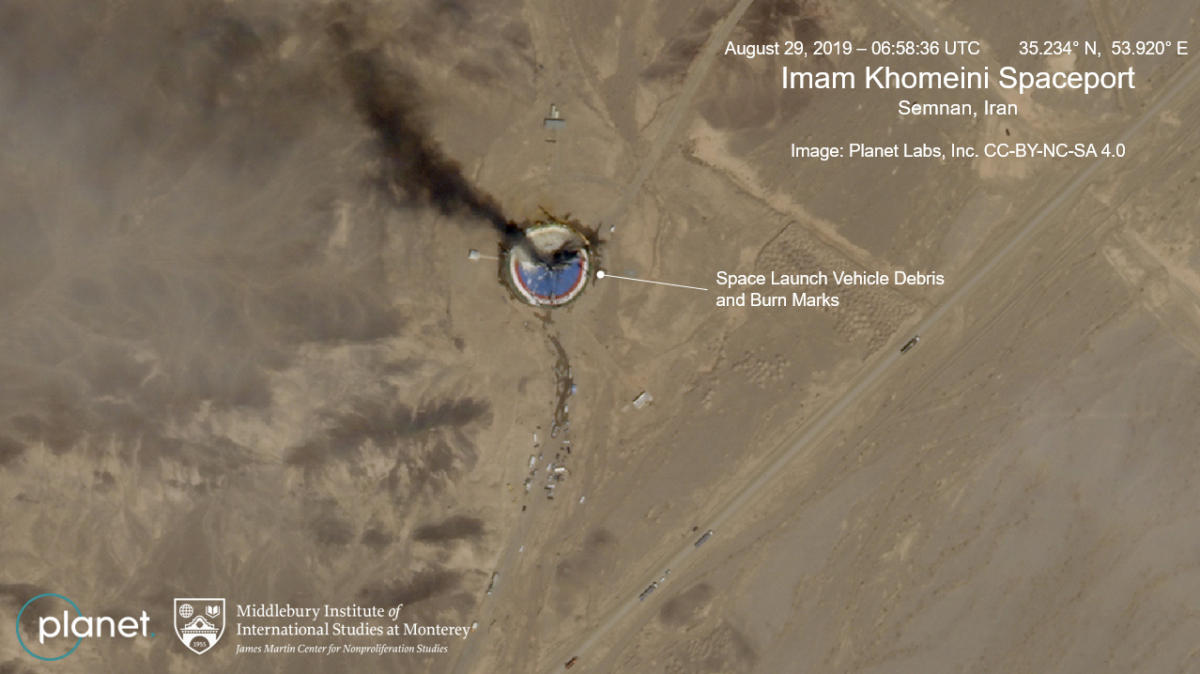 This satellite image from Planet Labs shows a fire at a rocket launch pad at the Imam Khomeini Space Center in Iran's Semnan province. (Planet Labs Inc, Middlebury Institute of International Studies via AP)