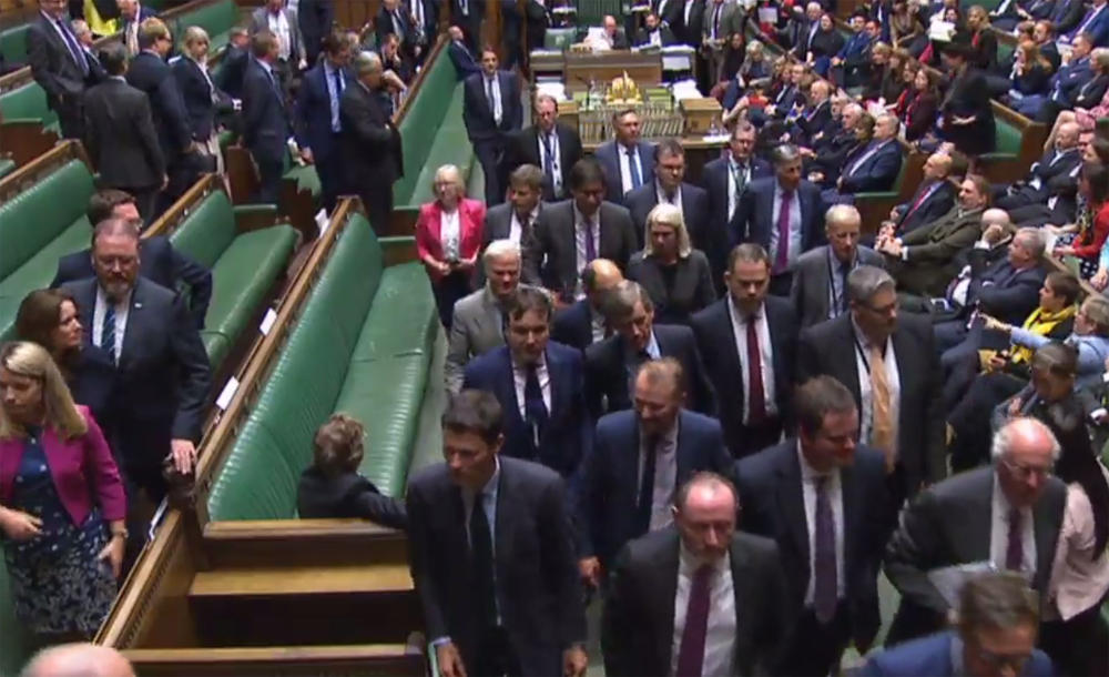 A video grab from footage broadcast by the UK Parliament's Parliamentary Recording Unit (PRU) shows members of parliament walking from the House of Commons to the House of Lords in London on September 10, 2019, during the ceremony to prorogue (suspend) parliament. (AFP PHOTO / PRU)