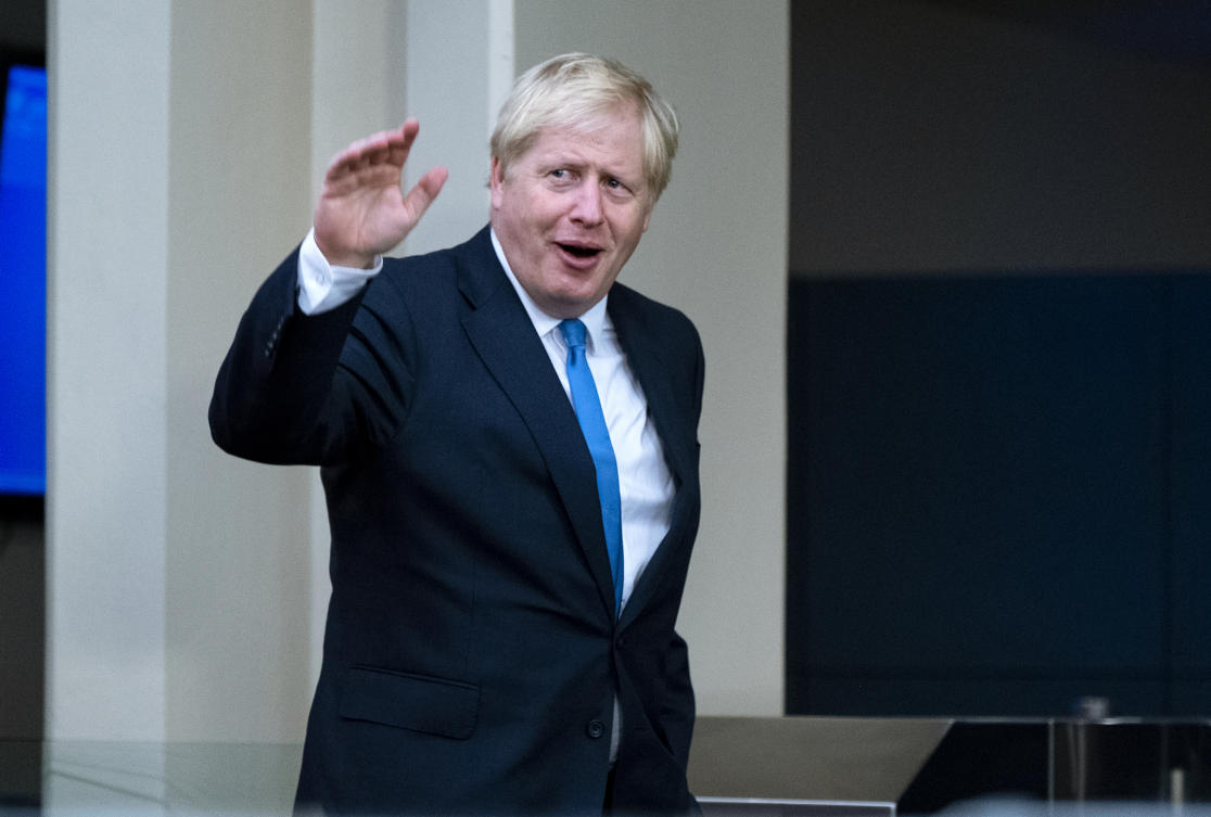 UK’s Prime Minister Boris Johnson arrives for the 74th session of the United Nations General Assembly, at UN headquarters, Monday, Sept. 23, 2019. (AP)