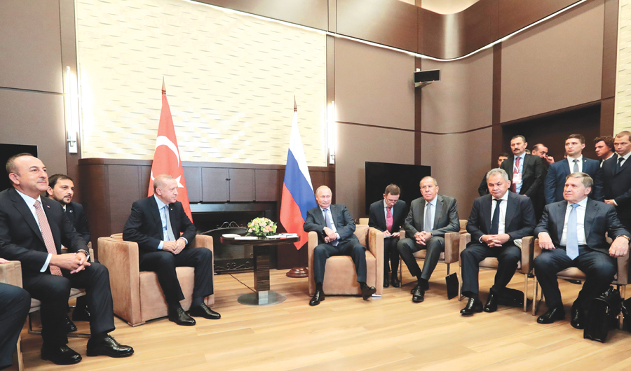 Turkish President Recep Tayyip Erdogan and Russian President Vladimir Putin hold talks on Syrian crisis at the Black Sea resort of Sochi, Russia, on Tuesday. (AFP)