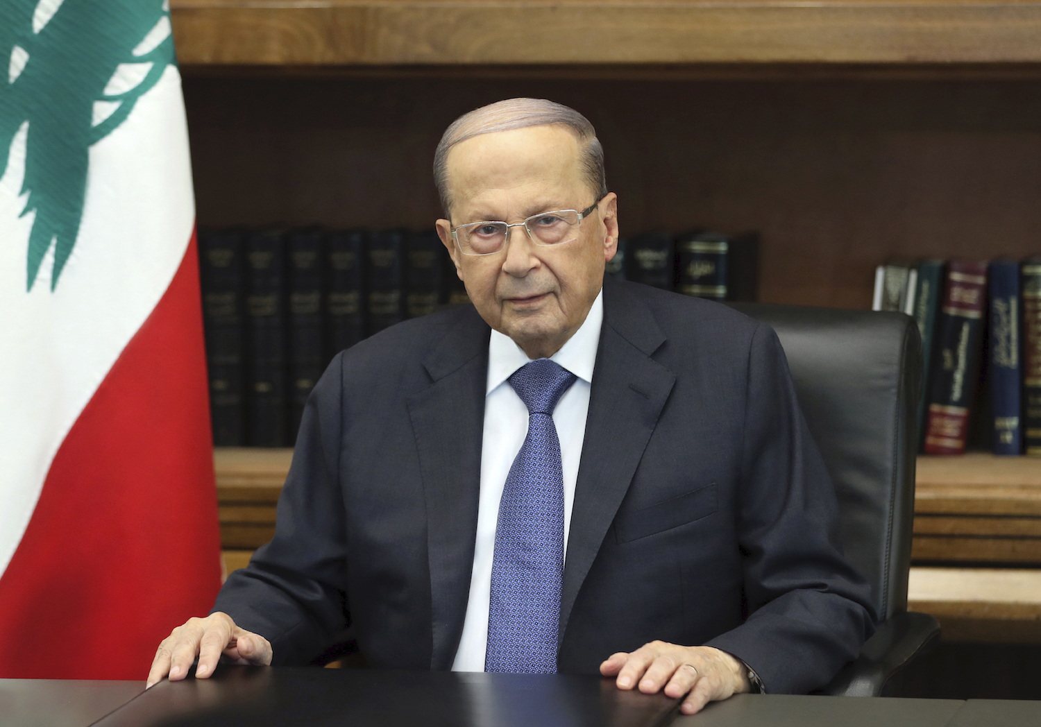 Lebanese president Michel Aoun addressees a speech, in the presidential palace, in Baabda, east of Beirut, Lebanon, Thursday, Oct. 24, 2019. (AP)