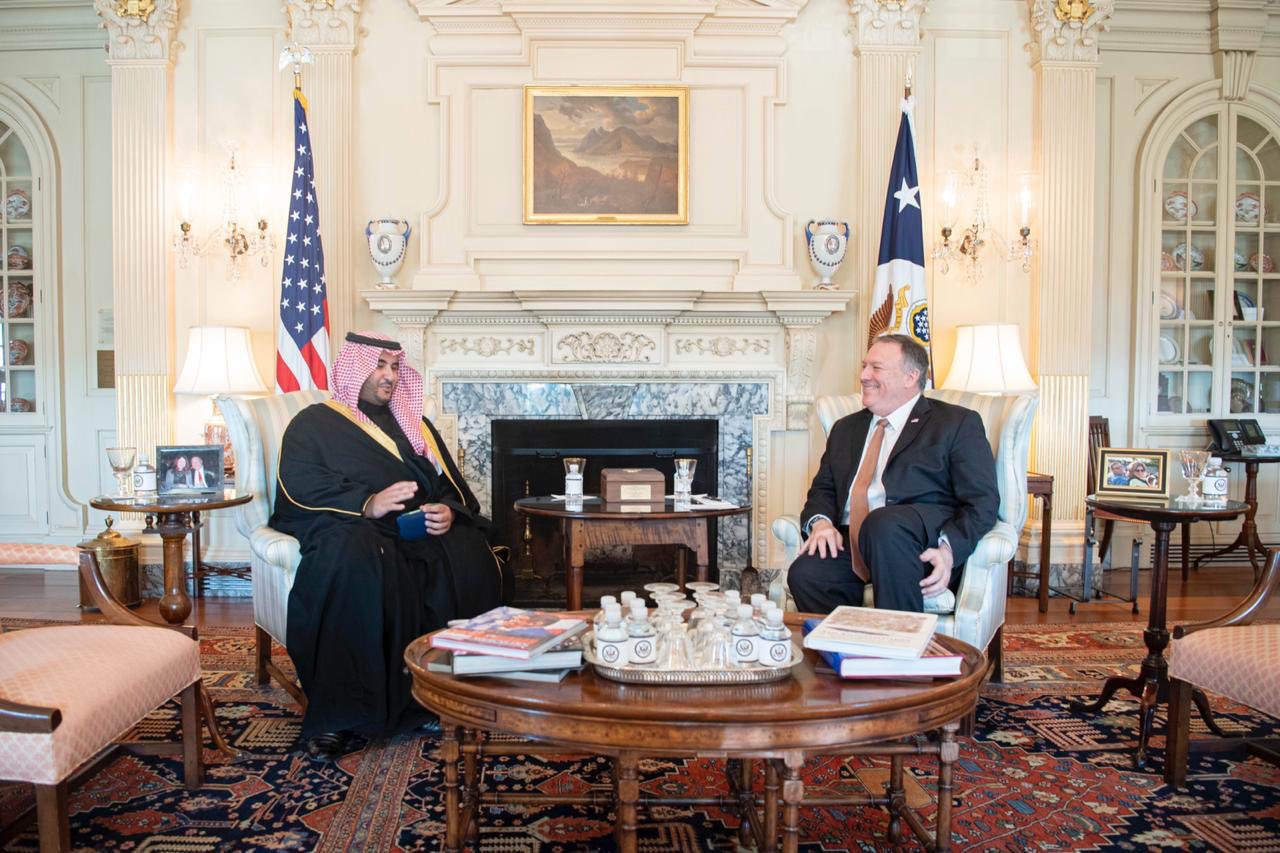 Saudi Arabia's deputy defense minister Khalid bin Salman met with US Secretary of State Mike Pompeo in Washington on Monday. (Twitter: @kbsalsaud)