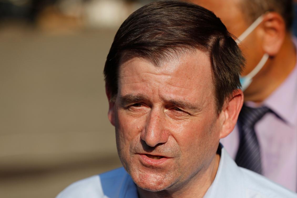 US Undersecretary of State for Political Affairs David Hale, speaks to journalists as he visits the main gathering point for NGO volunteers, near the site of last week's explosion that hit the seaport of the Lebanese capital Beirut, on August 13, 2020. (AFP)