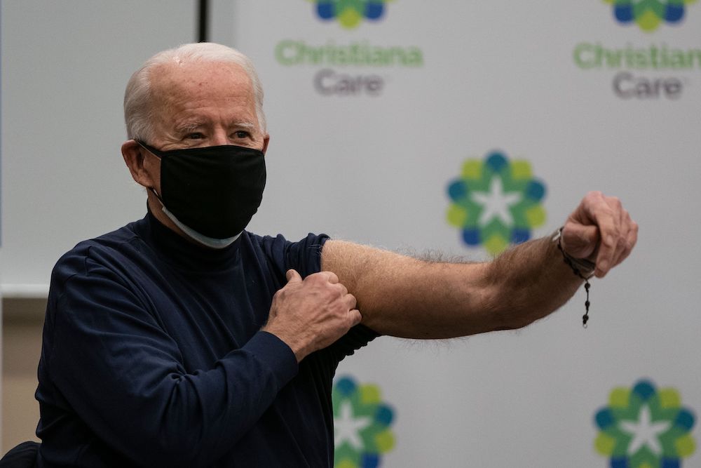 US President-elect Joe Biden holds out his arm after receiving a COVID-19 vaccination at the Christiana Care campus in Newark, Delaware on Dec. 21, 2020. (AFP)