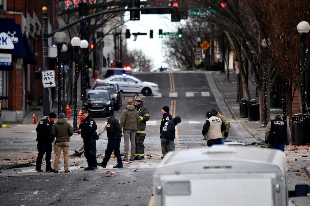 Debris litters the road near the site of an explosion in the area of Second and Commerce in Nashville, Tennessee, US Dec. 25, 2020. (Andrew Nelles/Tennessean.com/USA Today Network via Reuters.)
