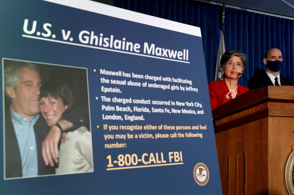 Audrey Strauss, acting US Attorney for the Southern District of New York, speaks alongside William F. Sweeney Jr., Assistant Director-in-Charge of the New York Office, at a news conference announcing charges against Ghislaine Maxwell for her role in the sexual exploitation and abuse of minor girls by Jeffrey Epstein in New York City, New York, US, July 2, 2020. (Reuters)