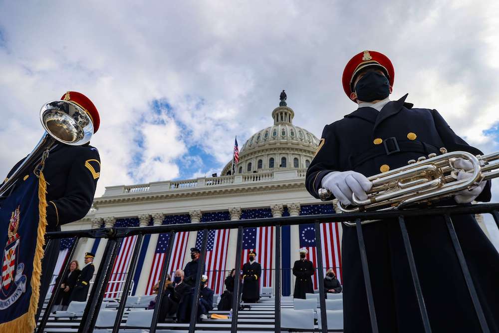 Members of the U.S. Army Band "Pershing's Own" looks on ahead of the inauguration of U.S. President-elect Joe Biden on the West Front of the US Capitol on January 20, 2021 in Washington, DC. (AFP)