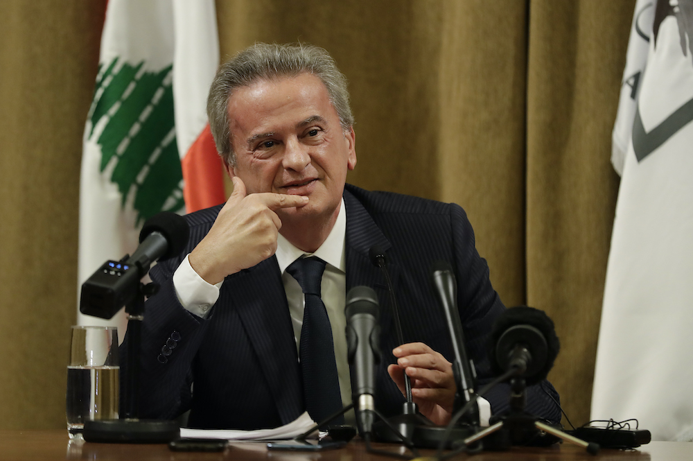 Lebanon’s Central Bank Governor Riad Salameh speaks during a press conference at the bank’s headquarters in Beirut. (File/AFP)