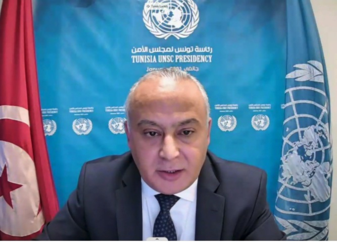 Ambassador Tarek Ladeb, Tunisia's permanent representative to the UN, speaks during a conference on Jan. 4, 2021 at the UN office in New York. (Still image from UN Web TV video) 