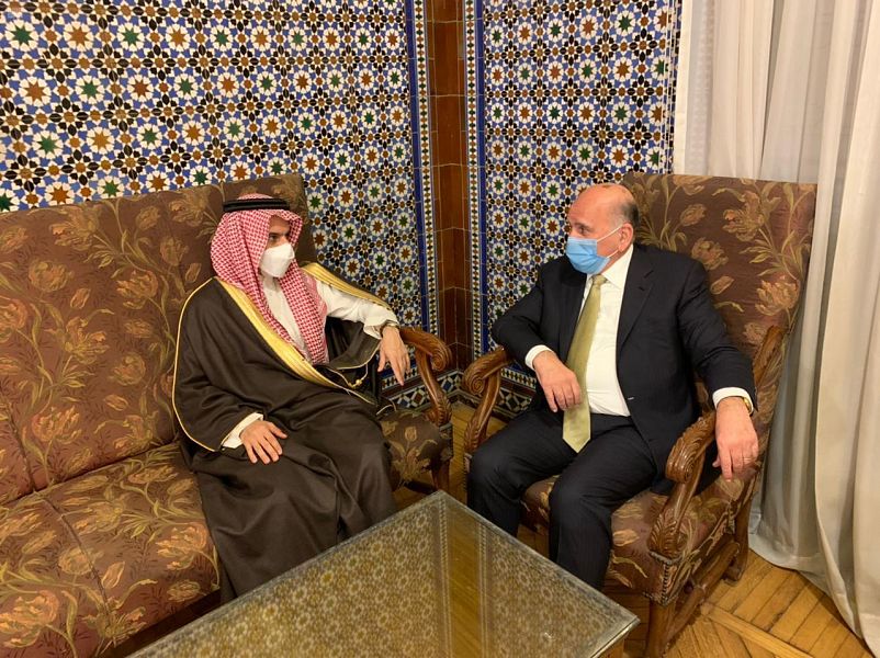 Saudi Arabia’s Minister of Foreign Affairs Prince Faisal bin Farhan meets his Iraqi counterpart Fuad Hussein in Cairo on Monday, Feb. 8, 2021. (SPA)