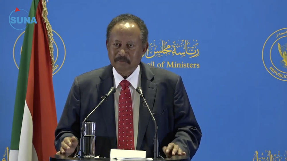 Sudanese Prime Minister Abdalla Hamdok announced the formation of a new government during a press conference on Monday, Feb.8, 2021. (Screengrab)