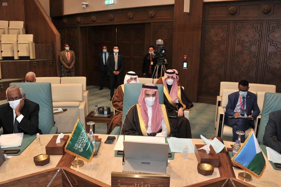 Saudi Arabia’s Minister of Foreign Affairs Prince Faisal bin Farhan head the Kingdom's delegation at an extraordinary Arab League meeting in Cairo on Monday, Feb. 8, 2021. (SPA)