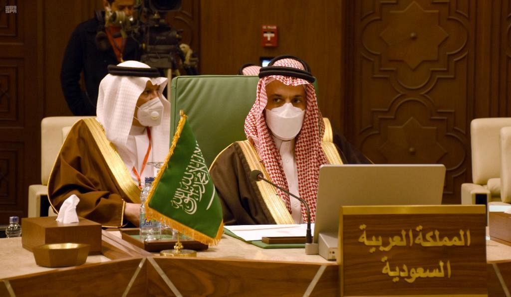 Saudi Arabia’s Minister of Foreign Affairs Prince Faisal bin Farhan head the Kingdom's delegation at an extraordinary Arab League meeting in Cairo on Monday, Feb. 8, 2021. (SPA)