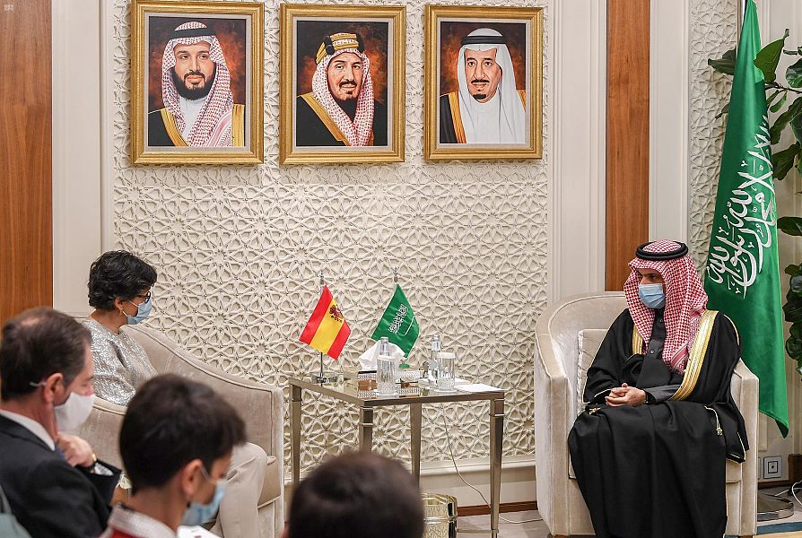 Saudi Arabia’s Foreign Minister Prince Faisal bin Farhan received his Spanish counterpart, Arancha Gonzalez Laya, in his office at the ministry in Riyadh on Tuesday, Feb. 9, 2021. (SPA)