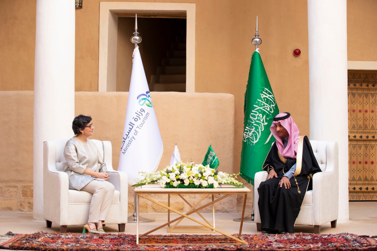 Spain’s Foreign Minister Arancha Gonzalez Laya meets with Saudi Minister of Tourism Ahmed Al-Khateeb in Riyadh on Tuesday, Feb. 9, 2021. (Twitter/@AhmedAlkhateeb)