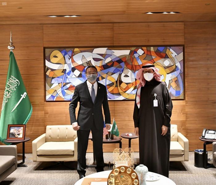 Saudi Arabia’s Minister of Energy Prince Abdulaziz bin Salman meets Malaysian Foreign Minister Hishamuddin Hussain in the capital, Riyadh, on Thursday, Feb. 18, 2021. (SPA)