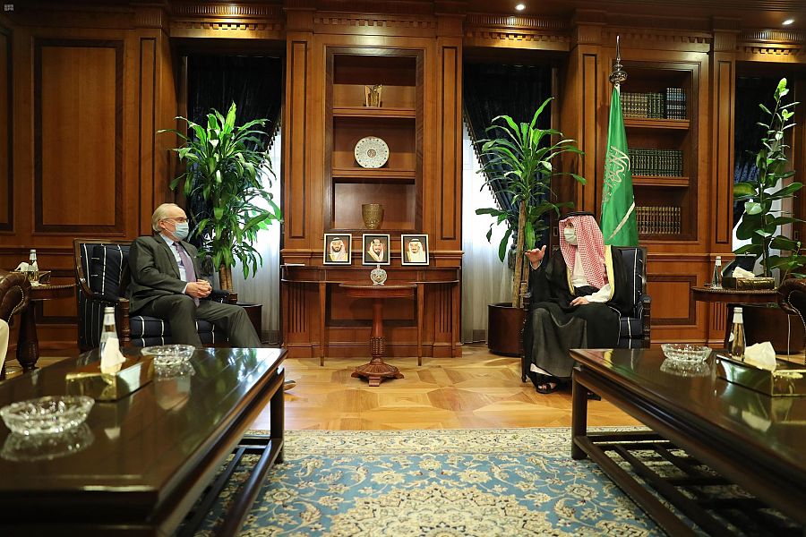 Saudi Arabia’s Minister of State for Foreign Affairs Adel Al-Jubeir received US envoy to Yemen Timothy Lenderking in the capital Riyadh on Tuesday, Feb. 23, 2021. (SPA)