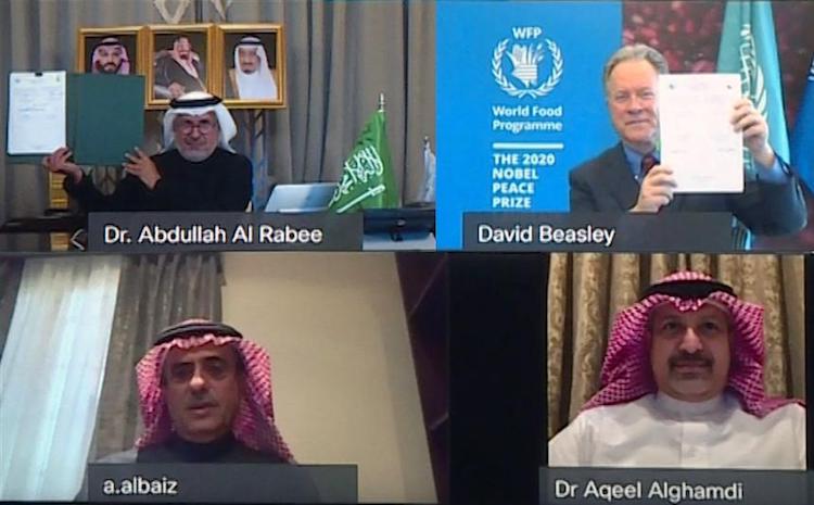 The deal was signed by KSrelief Supervisor General Dr. Abdullah Al-Rabeeah, the advisor to the Royal Court, and WFP Executive Director David Beasley. (Screenshot)