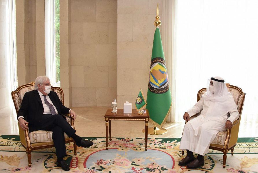 Nayef Al-Hajraf, secretary-general of the Gulf Cooperation Council (GCC) meets with UN envoy to Yemen Martin Griffiths in Riyadh on Tuesday, Feb. 23, 2021. (Twitter/@GCCSG)