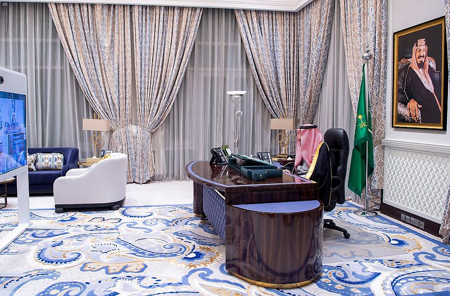 Saudi Arabia’s Council of Mincers held their weekly meeting, virtually chaired by King Salman from NEOM on Tuesday, Feb. 23, 2021. (SPA)