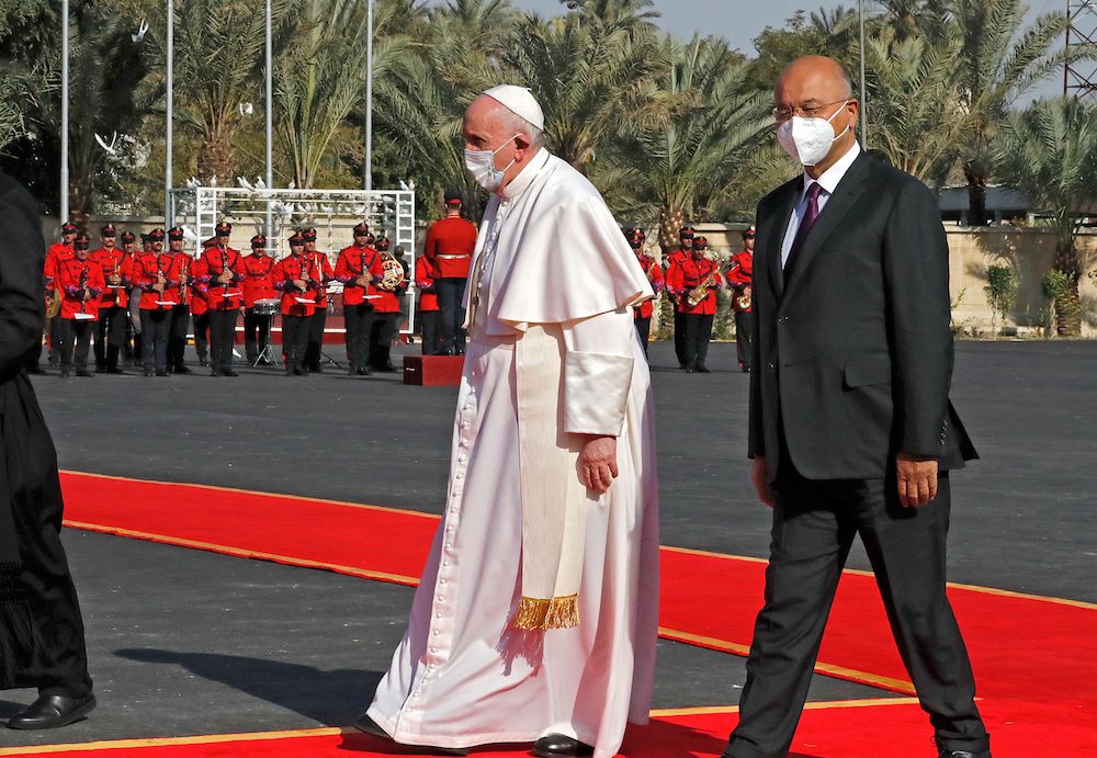 Pope Francis during an official welcome ceremony at the Presidential Palace in Baghdad, where he met with President Salih. (AFP)