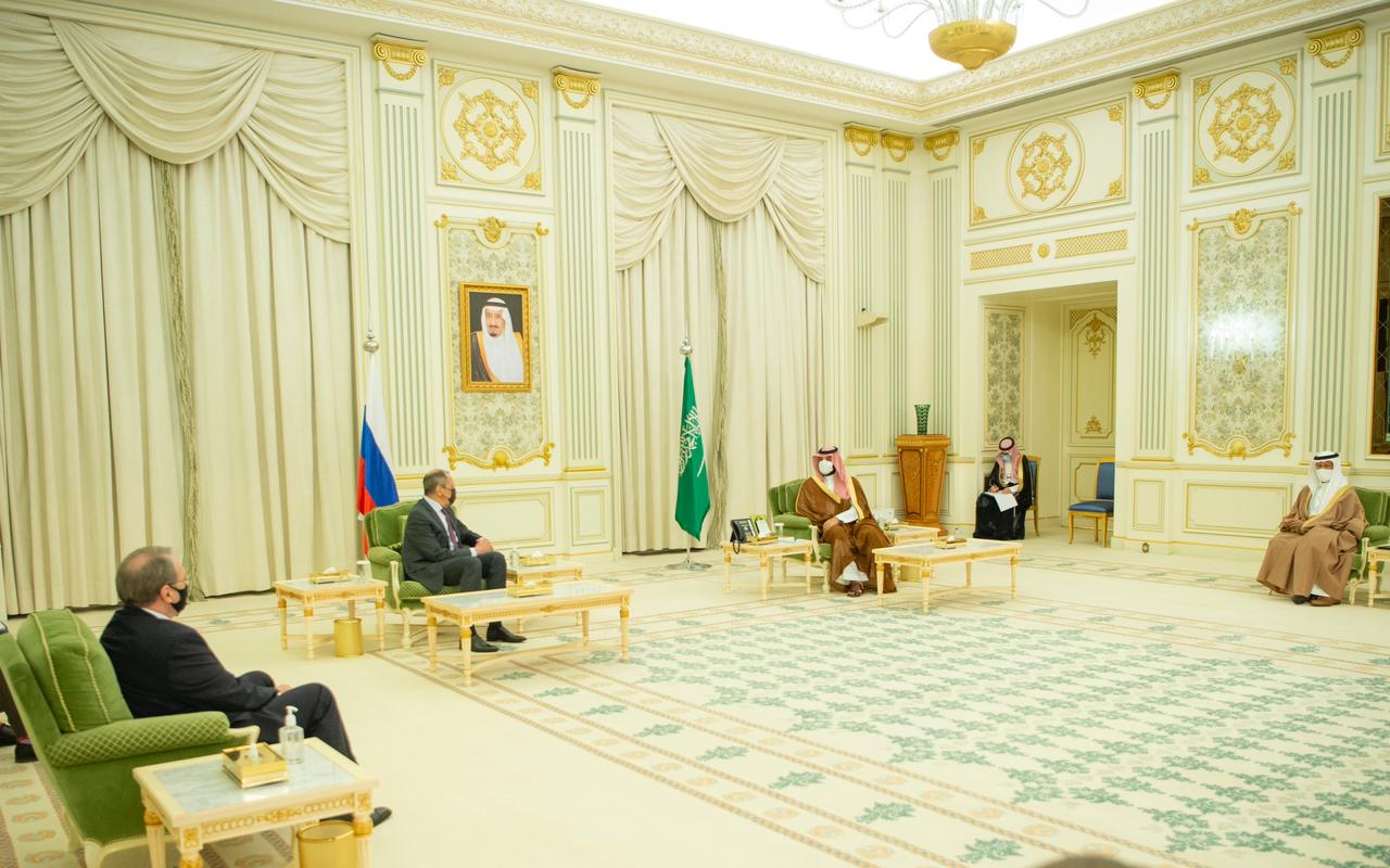 Saudi Arabia’s Crown Prince Mohammed bin Salman meets with Russia’s Foreign Minster Sergey Lavrov in Riyadh on Wednesday, March 10, 2021. (SPA)