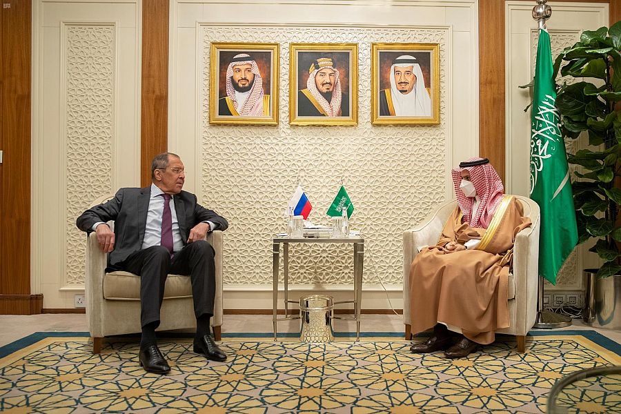 Saudi Arabia’s Minister of Foreign Affairs Prince Faisal bin Farhan meets his Russian counterpart Sergey Lavrov in Riyadh on Wednesday, March 10, 2021. (SPA)
