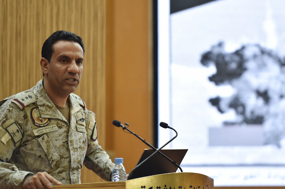 Spokesman of the Arab coalition Col. Turki Al-Maliki speaks during a press conference in the Saudi capital Riyadh. (File/AFP)