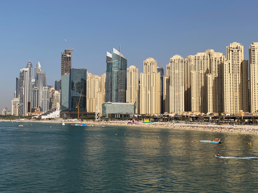 General view of skyscrapers and a beach in Dubai, where a suspect stands trial for threatening to kill compatriot. (Reuters)