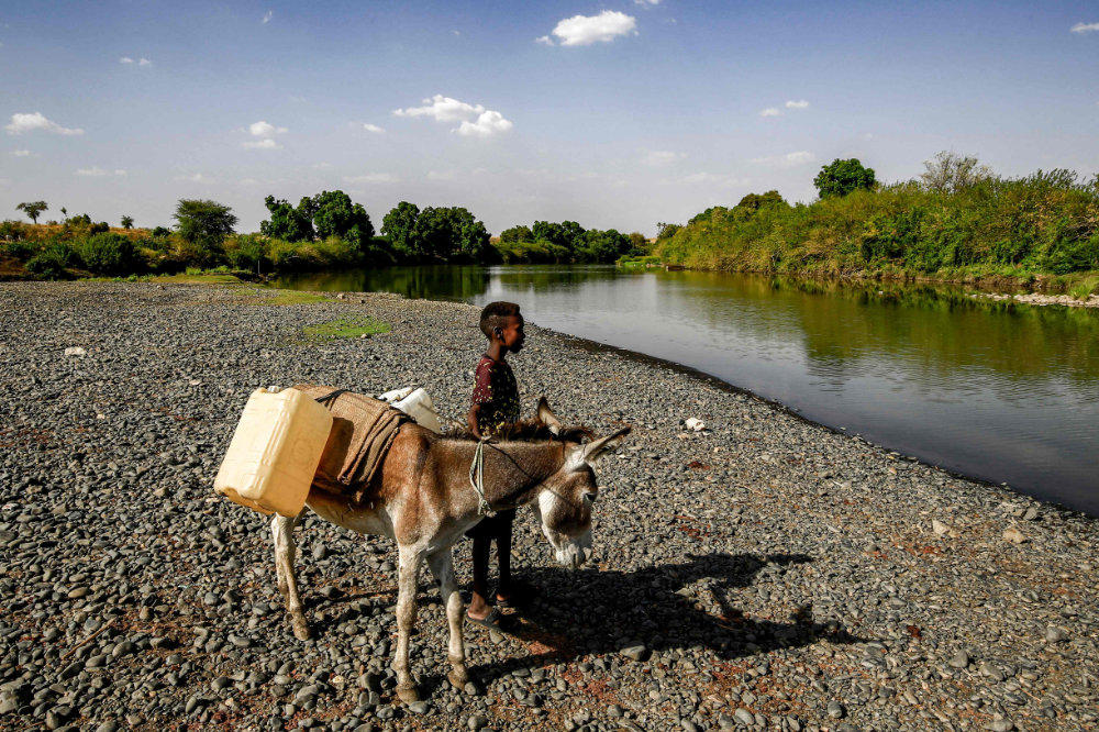 A boy stands next to a donkey loaded with jerry cans by the Atbarah river near the village of Dukouli in the Fashaqa al-Sughra agricultural region of Sudan's eastern Gedaref state on March 16, 2021. (AFP / ASHRAF SHAZLY)