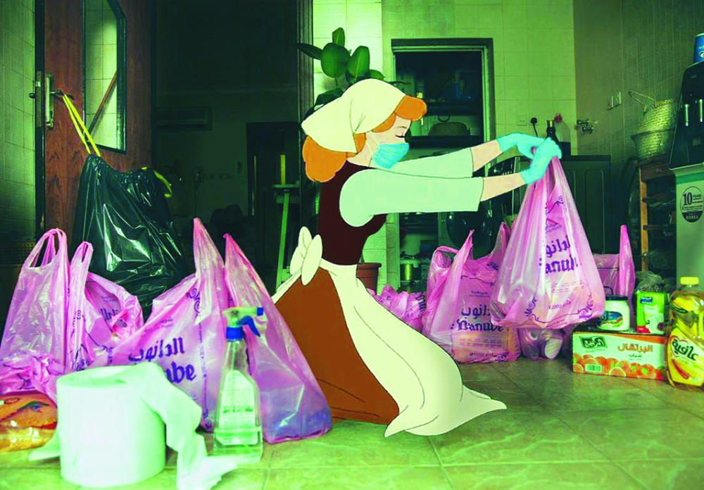 Saudi artist Areej Adel’s photo manipulation of Cinderella sanitizing Danube groceries was reposted all over social media. (Social media)