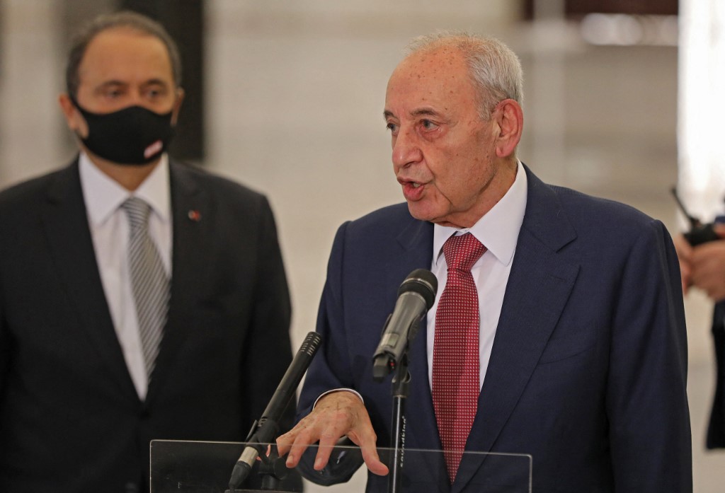 Lebanon's Parliament Speaker Nabih Berri (R) delivers a statement after the president named the former prime minister to form a new cabinet, at the presidential palace in Baabda, east of the capital Beirut, on October 22, 2020. (AFP/File Photo)