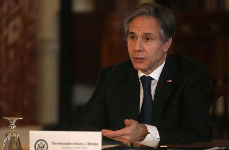 U.S. Secretary of State Antony Blinken holds a virtual meeting with UN General Assembly President Volkan Bozkir via videoconference from the State Department in Washington, U.S., Mar. 29, 2021. (Reuters)