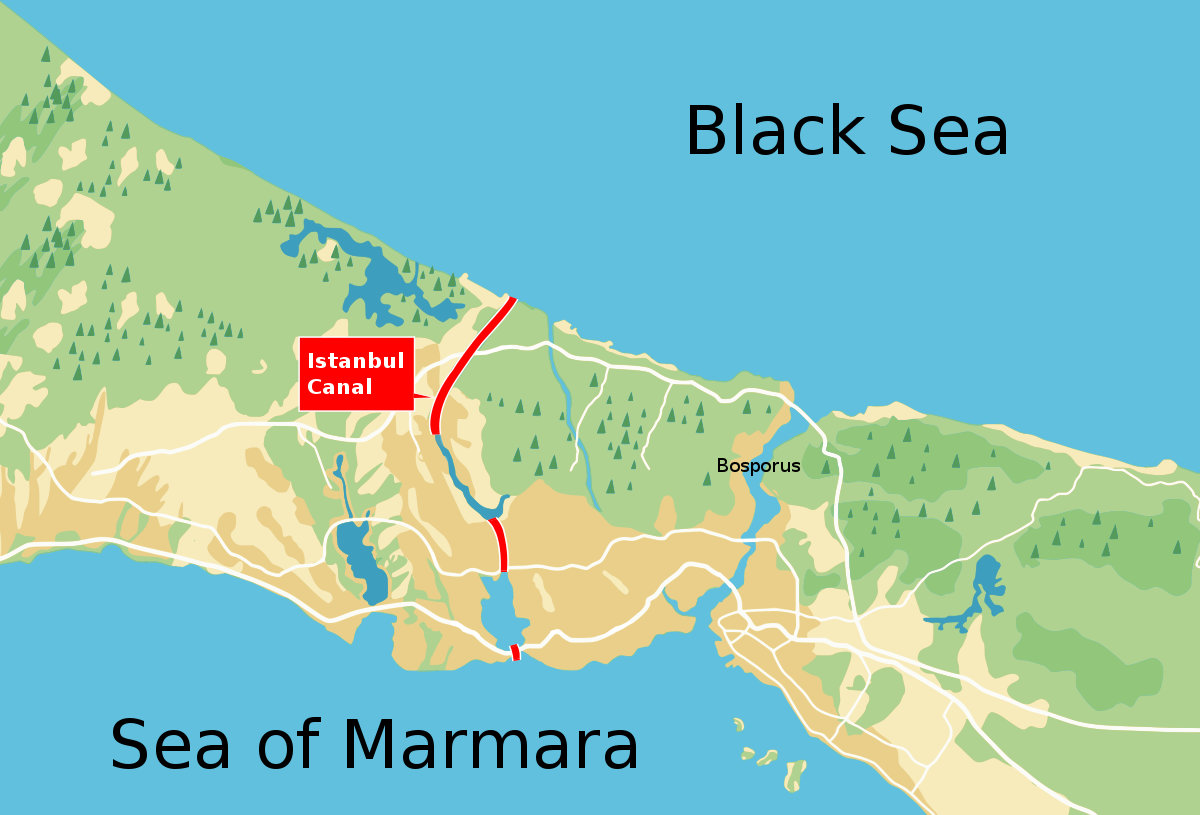 Map showing the proposed Istanbul Canal, connecting the Black Sea and the Sea of Marmara in Turkey. (Wikimedia Commons)