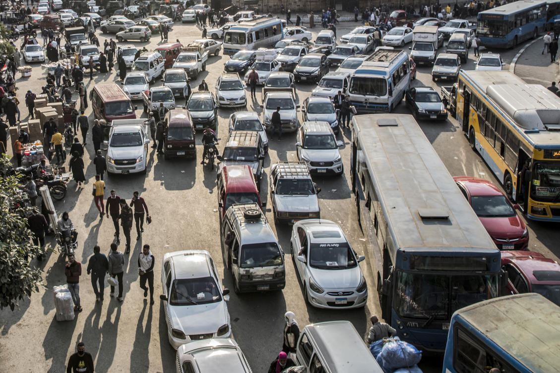 A view of vehicles stuck in a traffic jam in the central Attaba district of Egypt’s capital Cairo. (File/AFP)