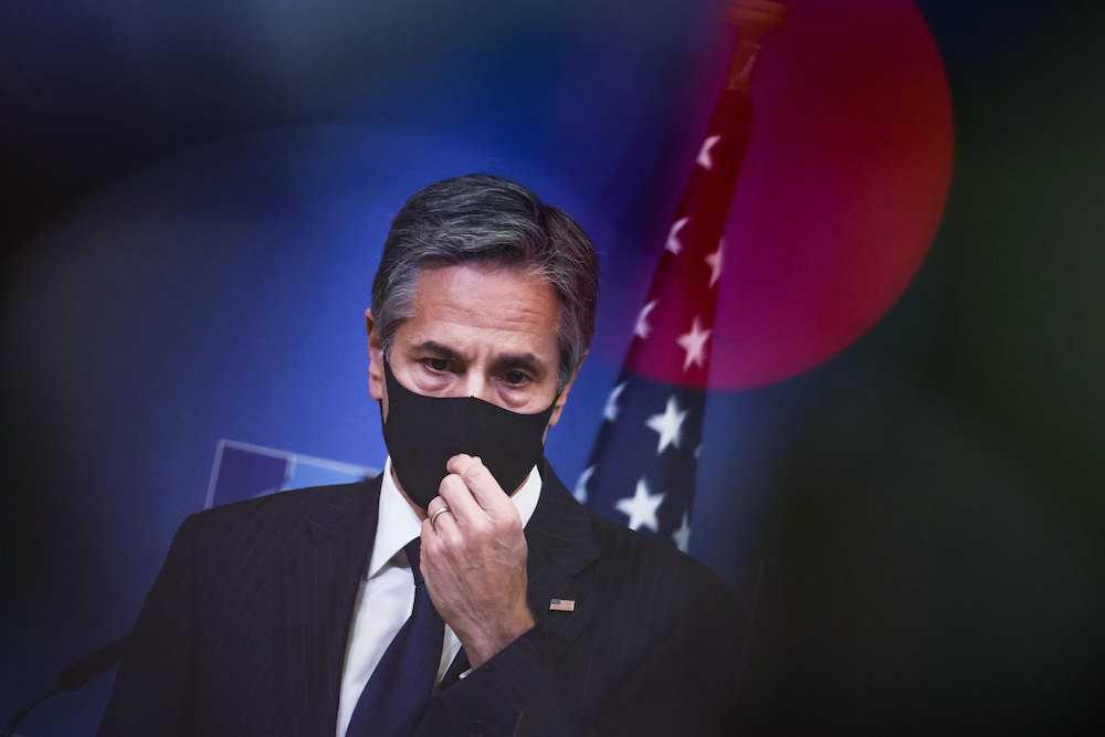 US Secretary of State Antony Blinken pauses before speaking during a media conference at NATO headquarters in Brussels, Wednesday, April 14, 2021. (Pool via AP) US Secretary of State Antony Blinken pauses before speaking during a media conference at NATO headquarters in Brussels, Wednesday, April 14, 2021. (Pool via AP)