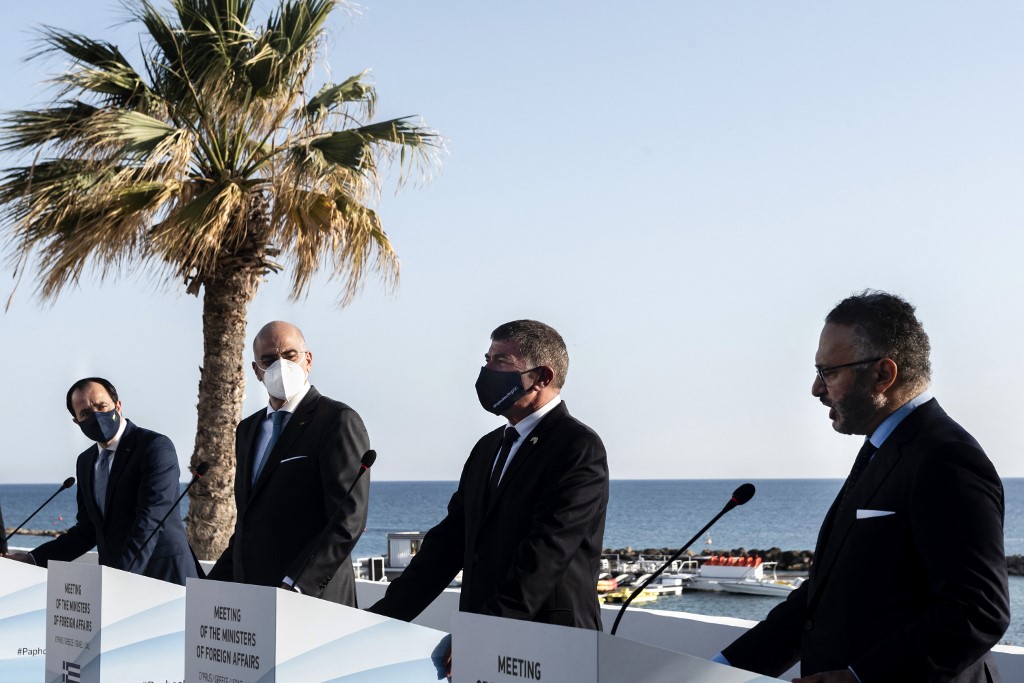 From left: Ministers of Foreign Affairs of Nikos Christodoulides of Cyprus, Nikos Dendias of Greece, Gabi Ashkenazi of Israel, and advisor to the President of the UAE Anwar Gargash in Paphos, Cyprus on April 16, 2021. (AFP)