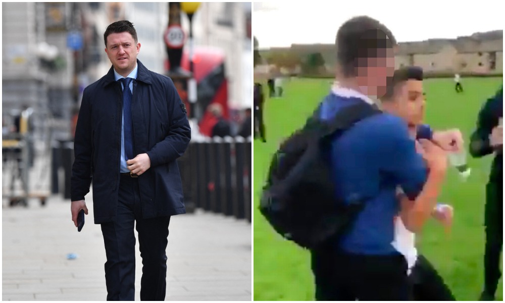 English Defense League founder Stephen Yaxley-Lennon (L), known as Tommy Robinson, arriving at court for a libel case for accusations made against Syrian refugee schoolboy Jamal Hijazi, filmed in 2018. (AFP/Screenshot)