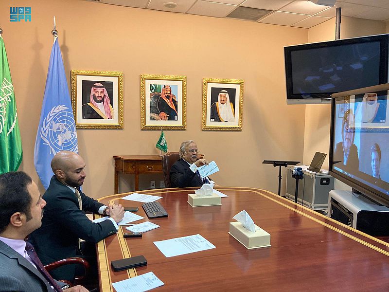 Saudi ambassador to the UN, Abdallah Al-Mouallimi, attends a virtual meeting with head of the International, Impartial and Independent Mechanism on Syria Catherine Marchi-Uhel. (SPA)