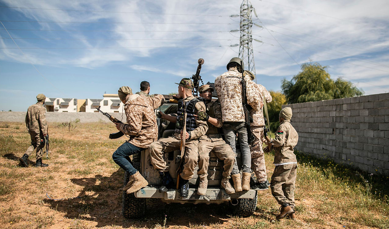 Fighters of Libya's UN-backed Government of National Accord (GNA) during clashes at the Ain Zara frontline, in the southern suburbs of capital Tripoli, with the forces of the Libyan National Army. (AP/File)