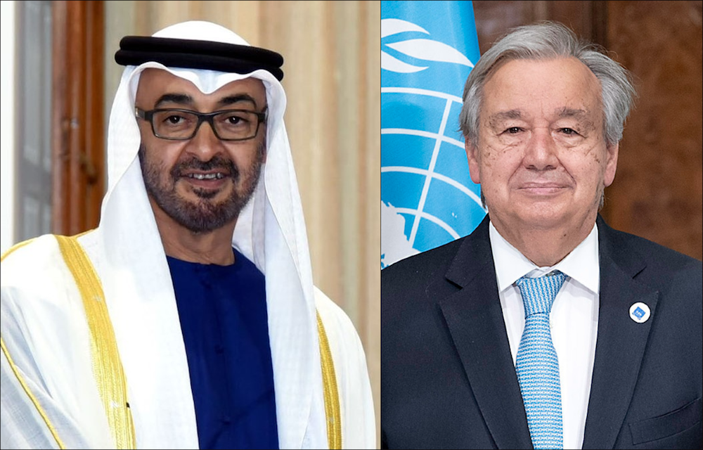 Abu Dhabi Crown Prince Sheikh Mohammed bin Zayed (L) received a phone call from UN Secretary-General Antonio Guterres. (File/Wikipedia)