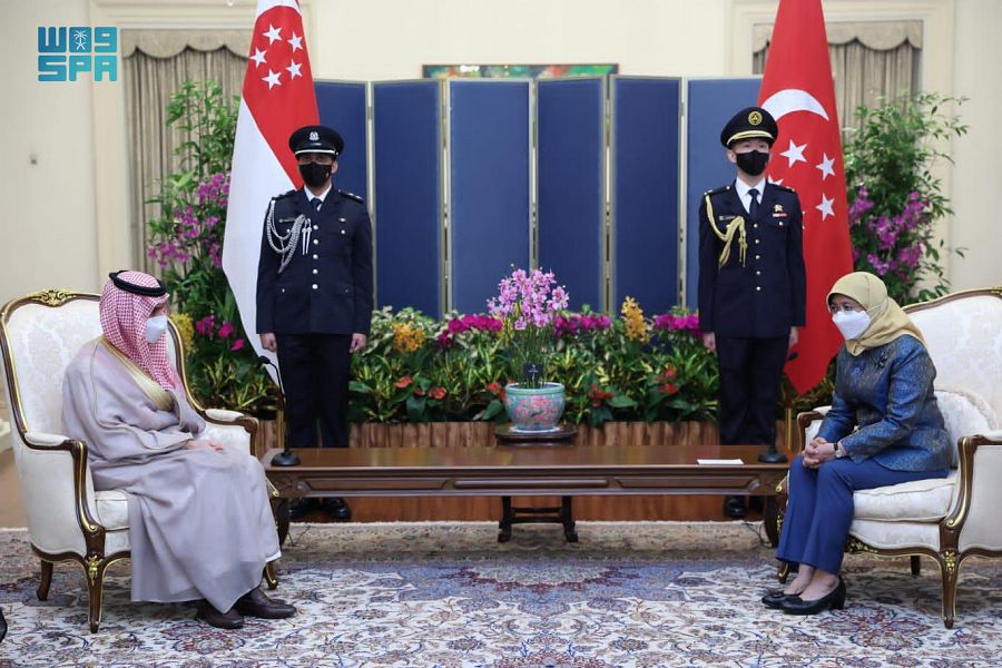Saudi Arabian Foreign Minister Prince Faisal bin Farhan meets Singapore President Halimah Yacob. (SPA)